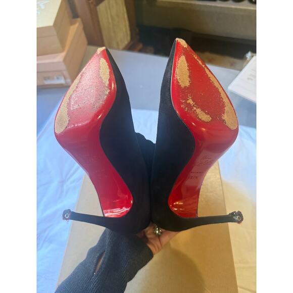 Christian Louboutin Ishtar Booty 100 Black Suede Red Sole Stiletto Boots 37.5 - Picture 3 of 5